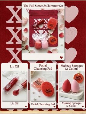Red Sweet & Shimmer Bundle: Lip Oil, Cleansing Pad, Makeup Sponges Set w Red Bag